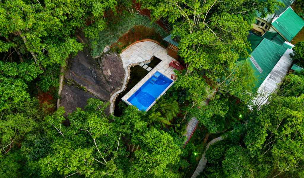 Resort in Munnar featuring a cozy wooden tree house overlooking misty green hills at sunrise, perfect for a peaceful two-day getaway.