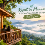 Resort in Munnar featuring a cozy wooden tree house overlooking misty green hills at sunrise, perfect for a peaceful two-day getaway