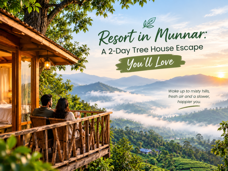 Resort in Munnar featuring a cozy wooden tree house overlooking misty green hills at sunrise, perfect for a peaceful two-day getaway