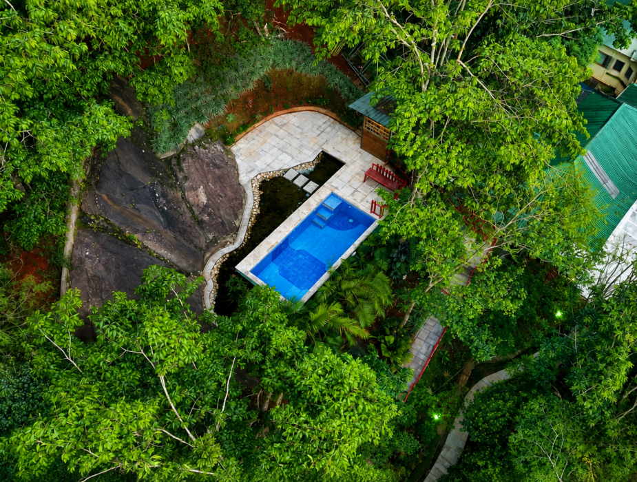 Resort in Munnar featuring a cozy wooden tree house overlooking misty green hills at sunrise, perfect for a peaceful two-day getaway.