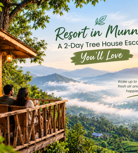 Resort in Munnar featuring a cozy wooden tree house overlooking misty green hills at sunrise, perfect for a peaceful two-day getaway