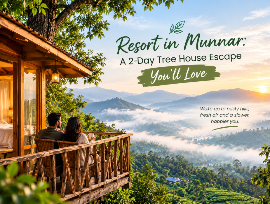Resort in Munnar featuring a cozy wooden tree house overlooking misty green hills at sunrise, perfect for a peaceful two-day getaway