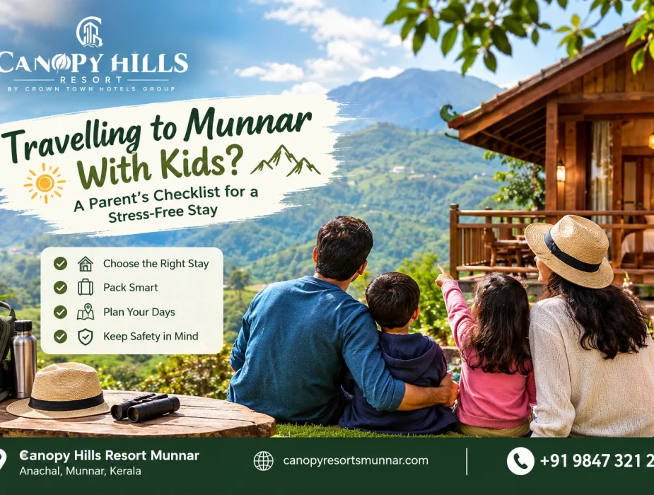 A family enjoying the scenic hills of Munnar near Canopy Hills Resort, with a checklist for a stress-free family holiday with kids. Copy alt text